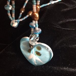 Necklace, Hand blown glass heart pendant w/ pearls